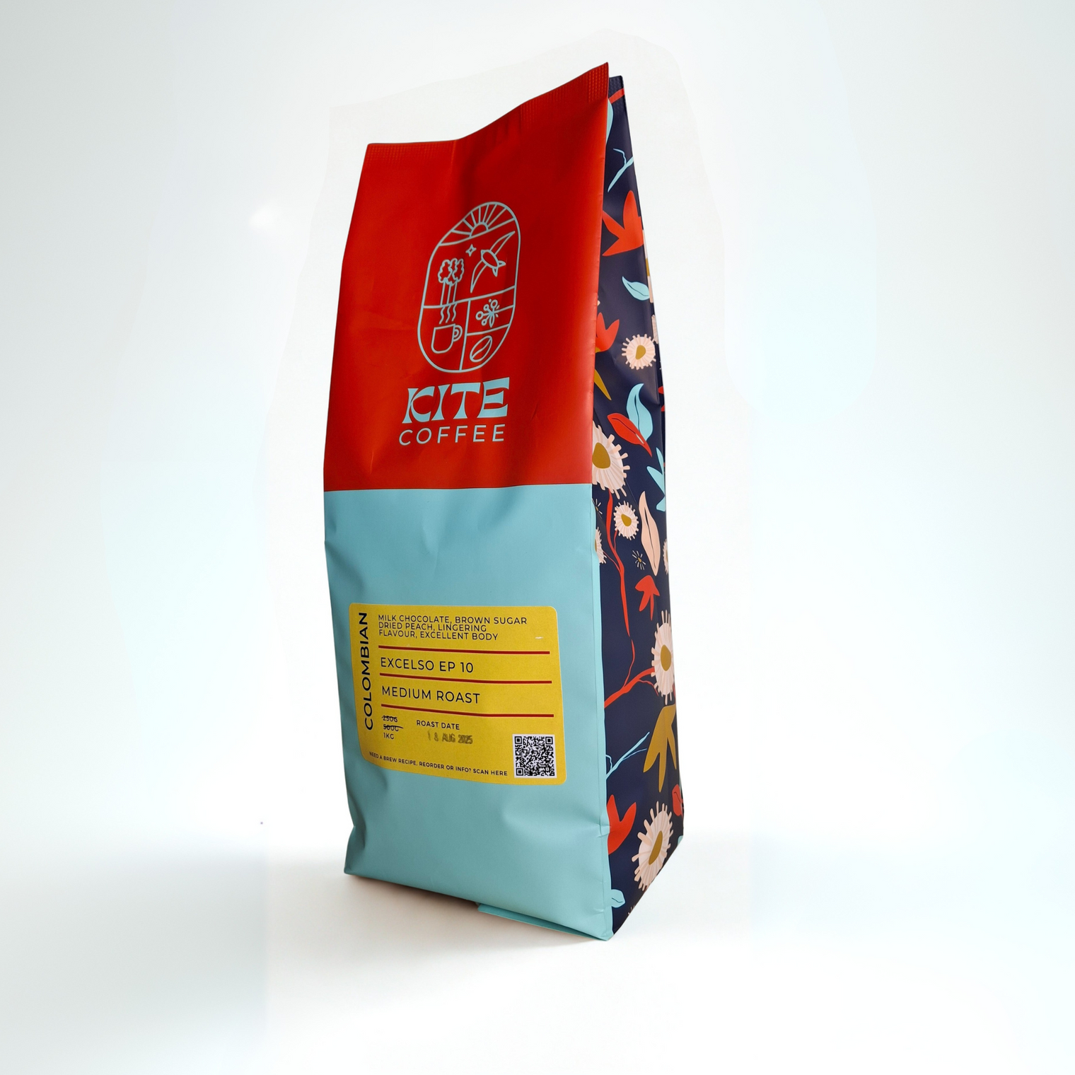 Coffee bag with red and blue design featuring Kite Coffee branding on a white background