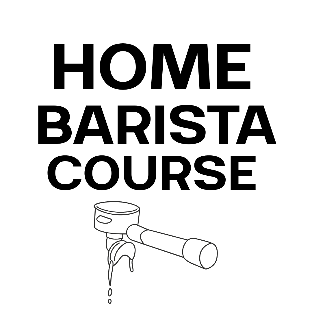 Home Barista Course logo with a coffee scoop and espresso shot on a white background