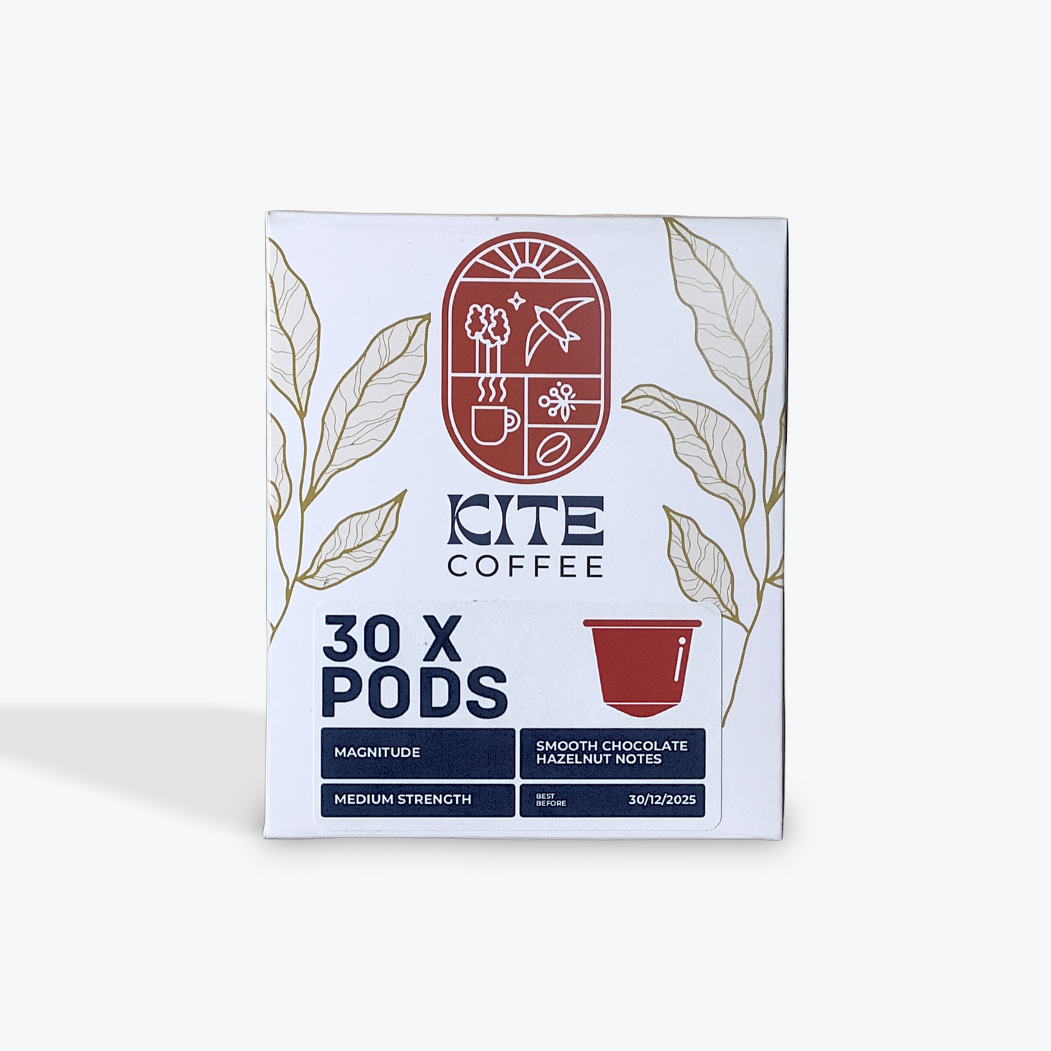 A box of Kite Coffee branded coffee pods, with a graphic of leaves and a cup of coffee on the front, indicating a quantity of 30 pods inside.