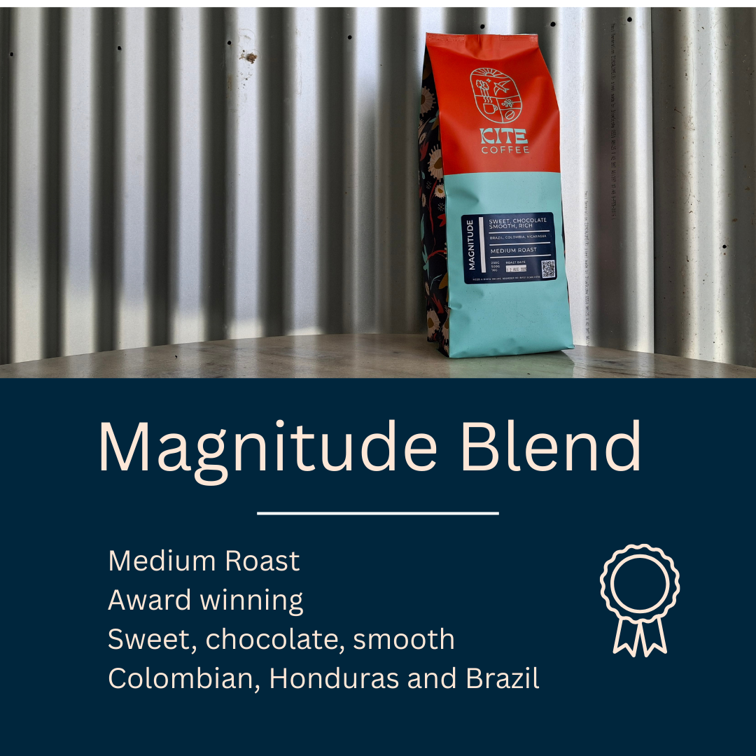 One coffee bag with 'Kite Coffee' branding on a metallic surface, featuring text about the 'Magnitude Blend'.
