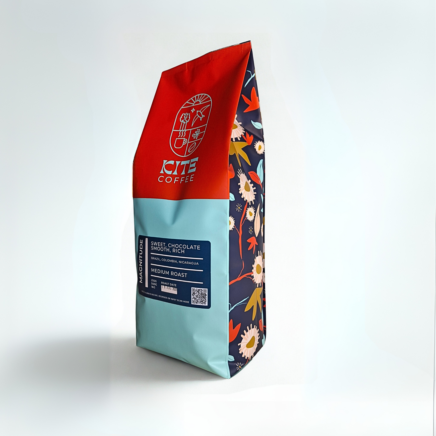 Coffee bag with colorful floral design on a white background