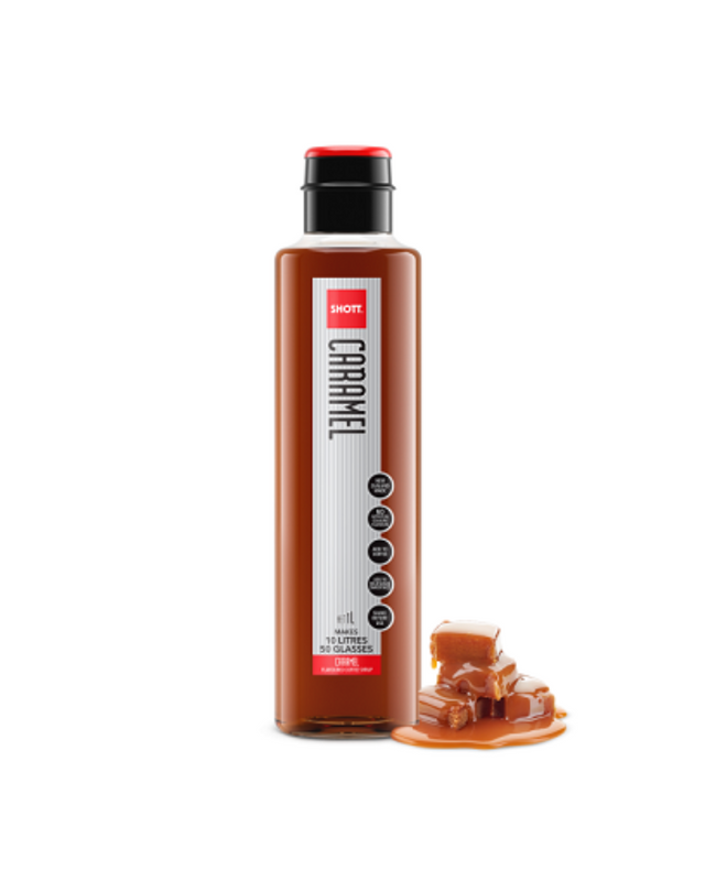 A bottle of gourmet caramel syrup to add to coffee drinks